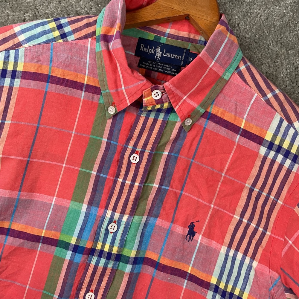 Ralph Lauren Button Down Shirt Mens Size M Red Multi Plaid Madras Short Sleeve
